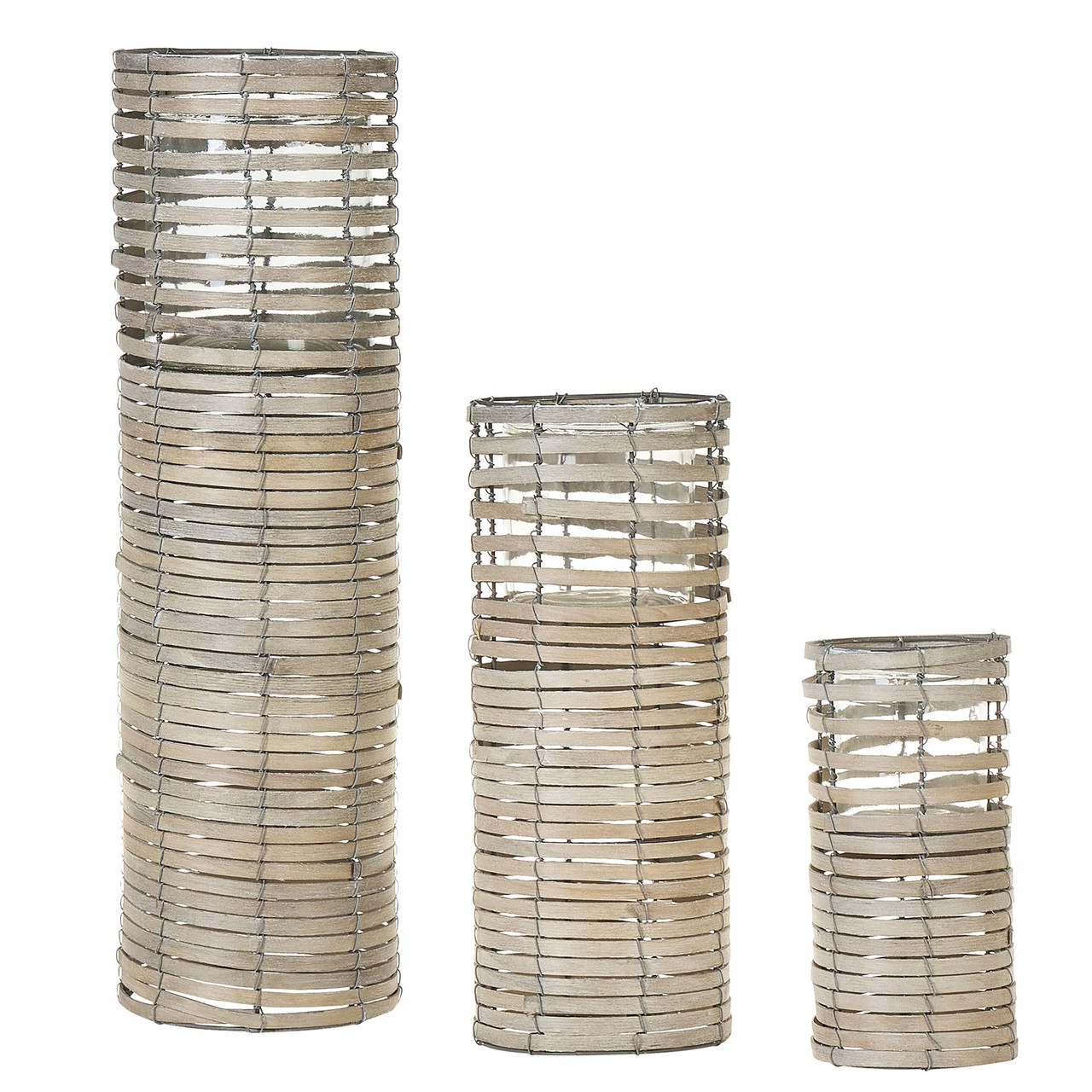Set de 3 portavelas cilíndricos estilo boho en madera de chopo