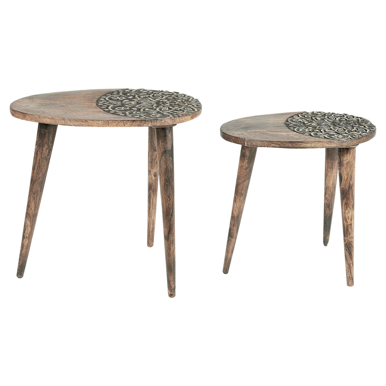 Set of 2 oval mango wood side tables waxed finish
