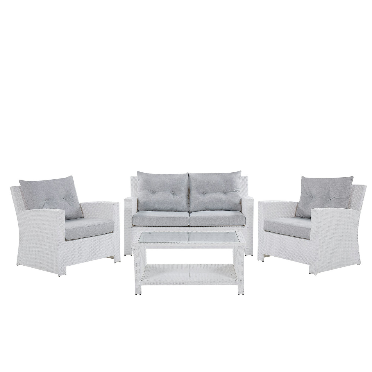 Conjunto lounge exterior ratán sintético blanco con mesa de vidrio