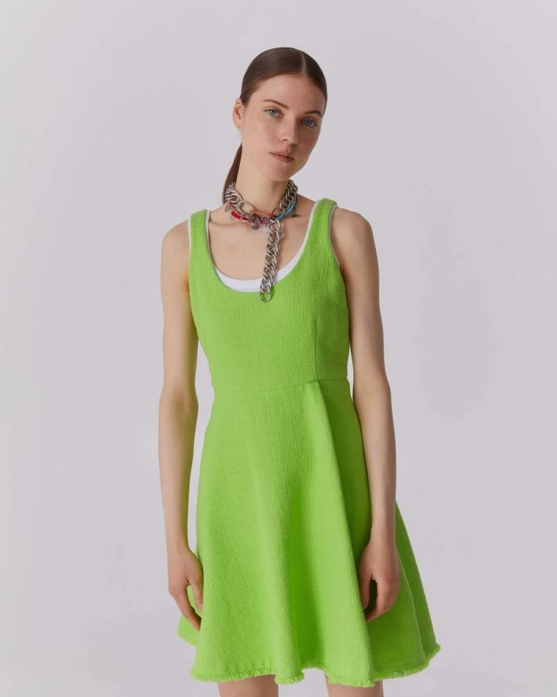 Short textured dress with pleat and fringe