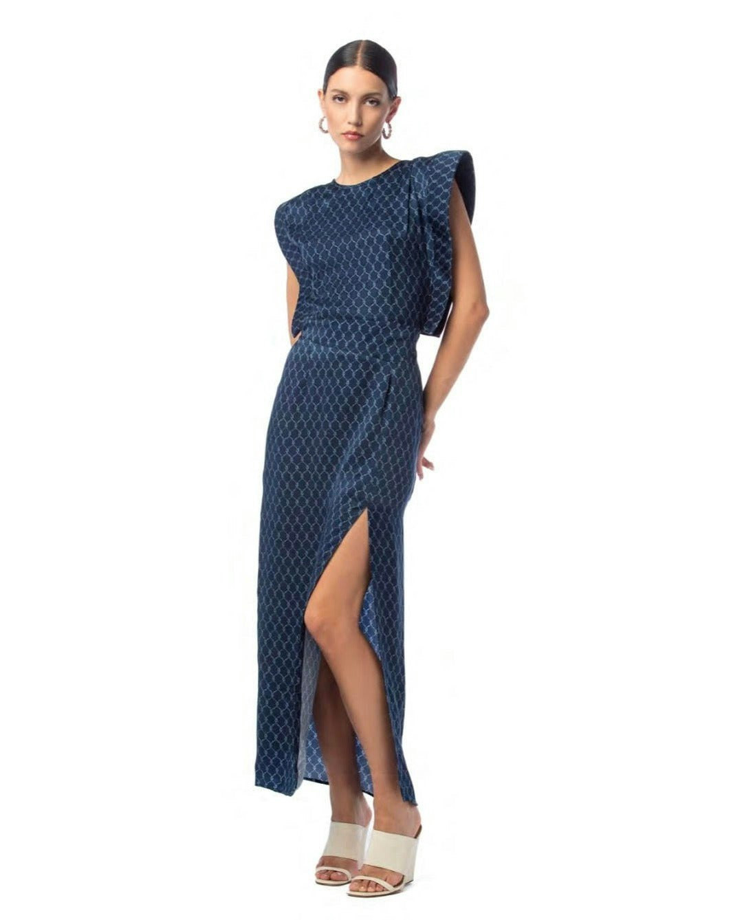 Vestido largo estampado en algodón reciclado con hombreras