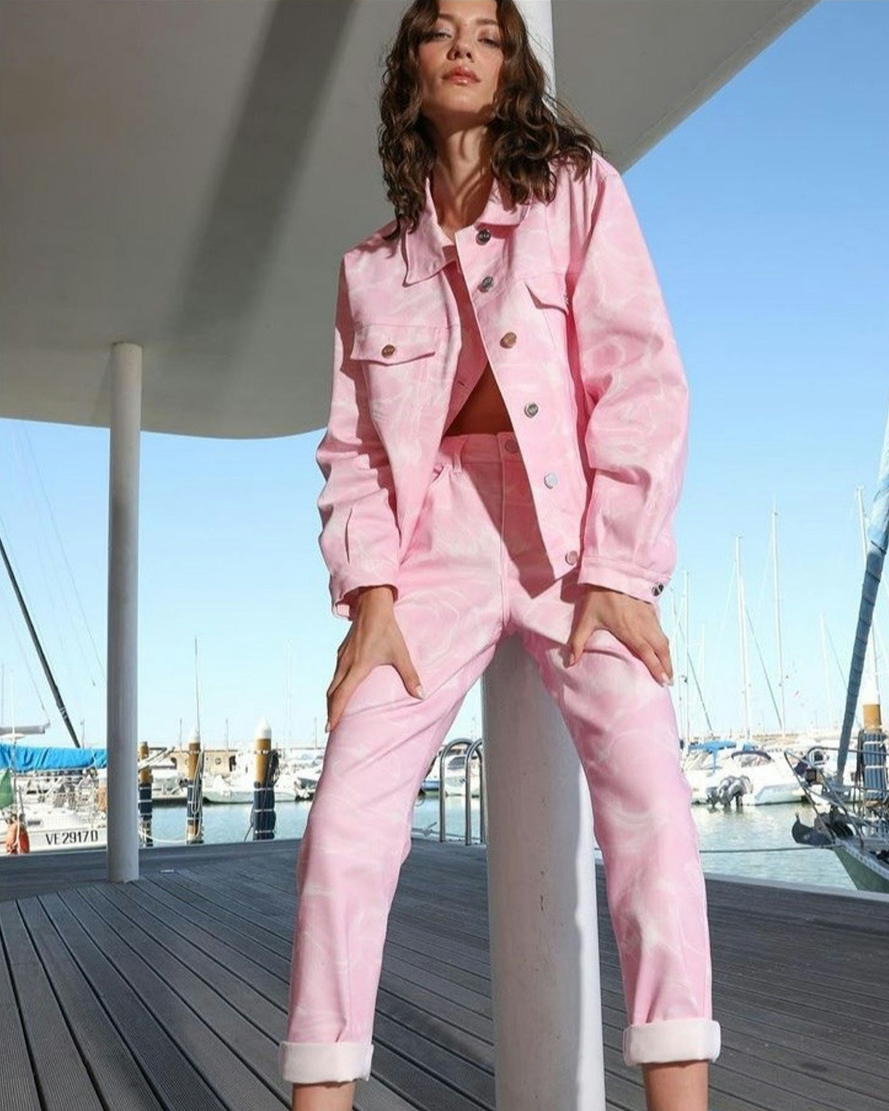 Denim jacket pink and white melange