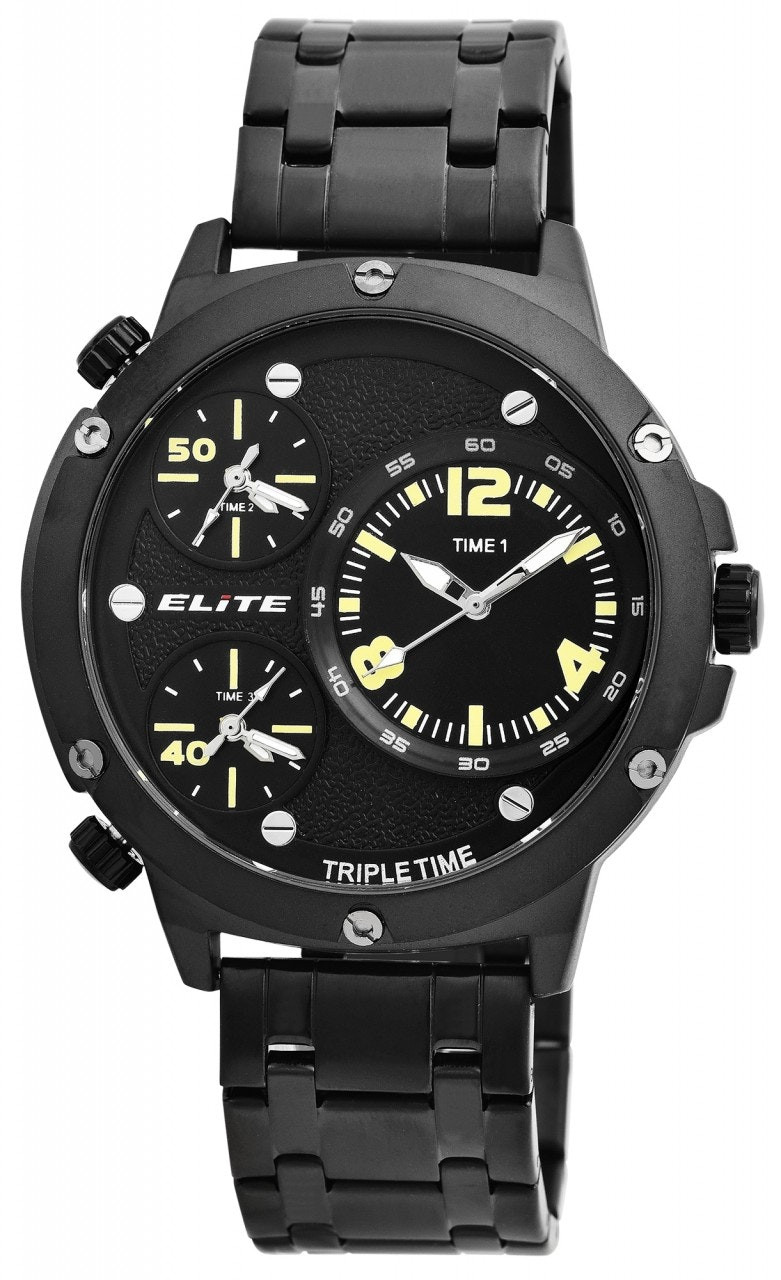 Reloj de hombre en acero inoxidable negro con detalles amarillos