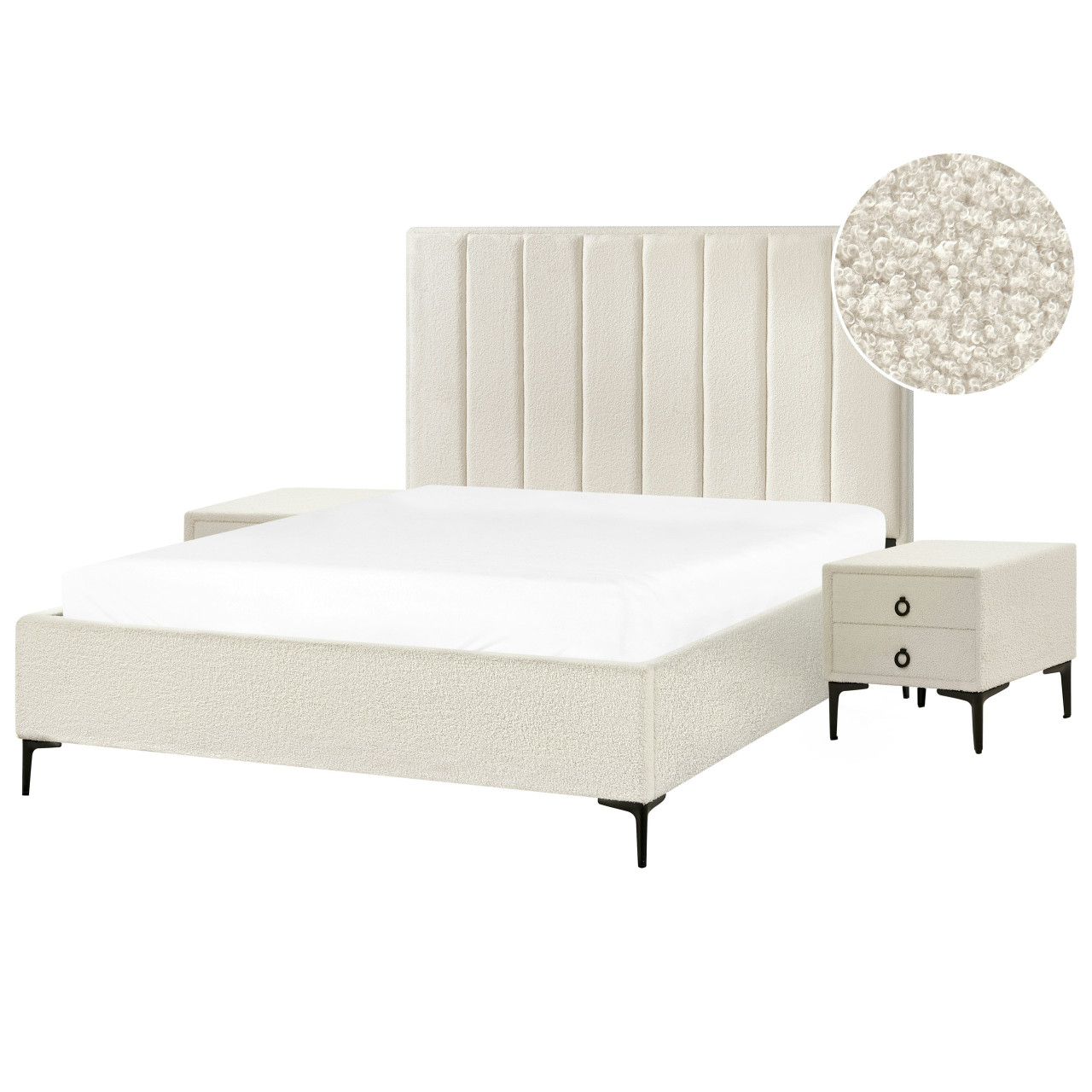 Conjunto Sezanne cama tapizada bouclé con mesitas