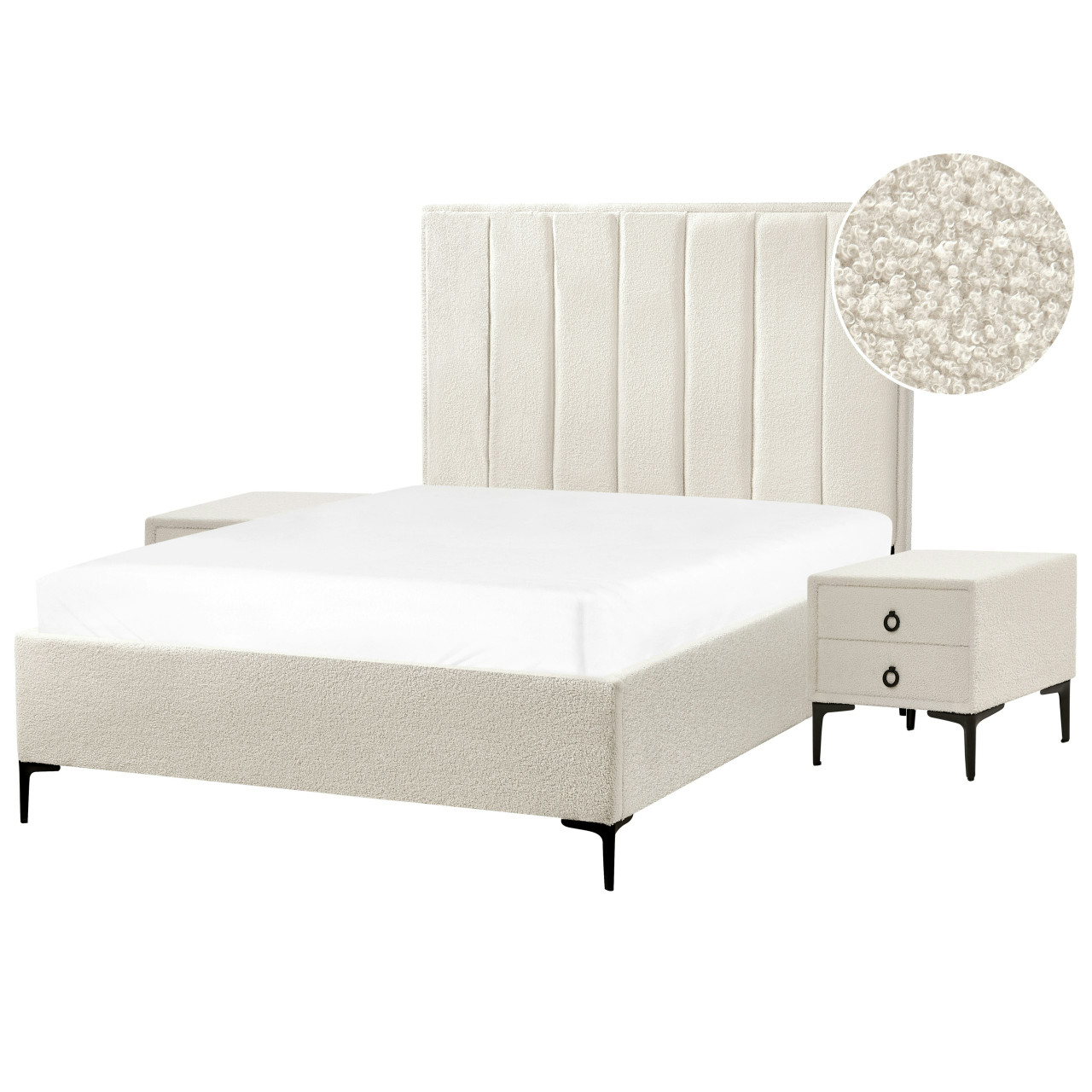 Sezanne upholstered bed set in white bouclé with storage