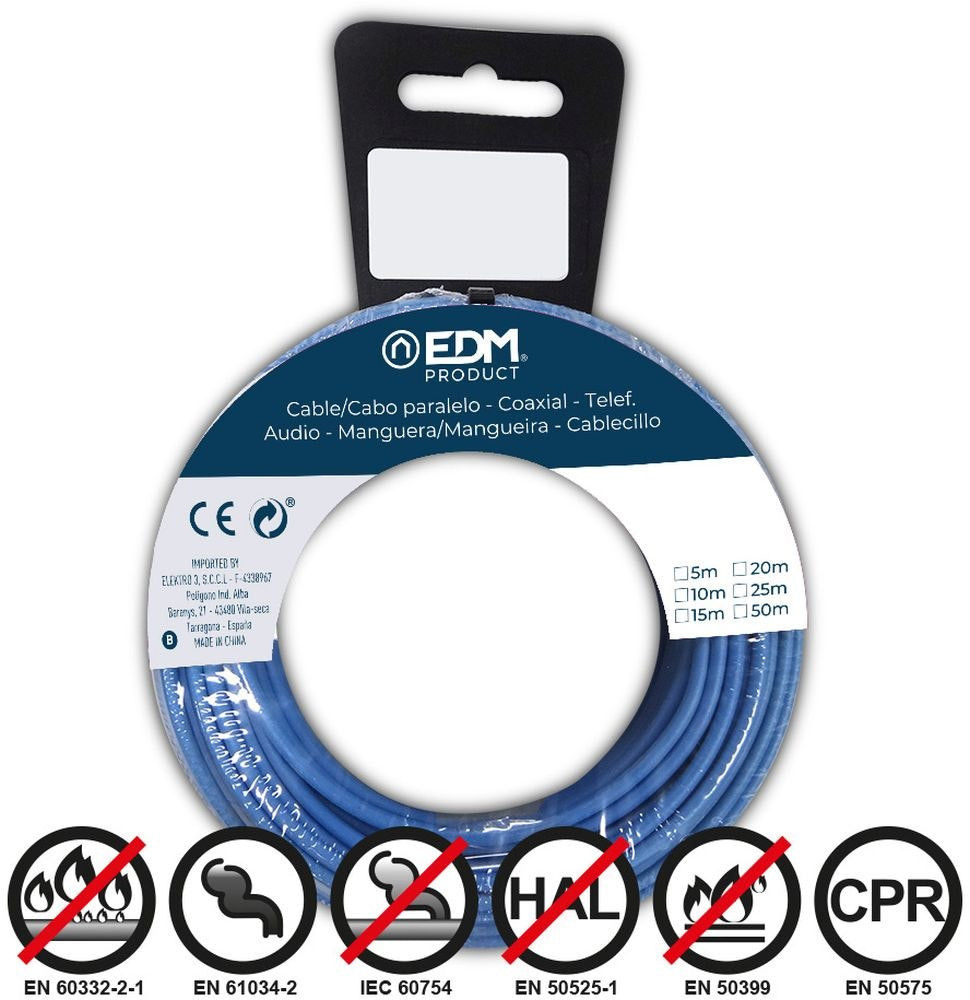 Bobina de cable flexible EDM 1,5 mm azul 20 m libre de halógenos