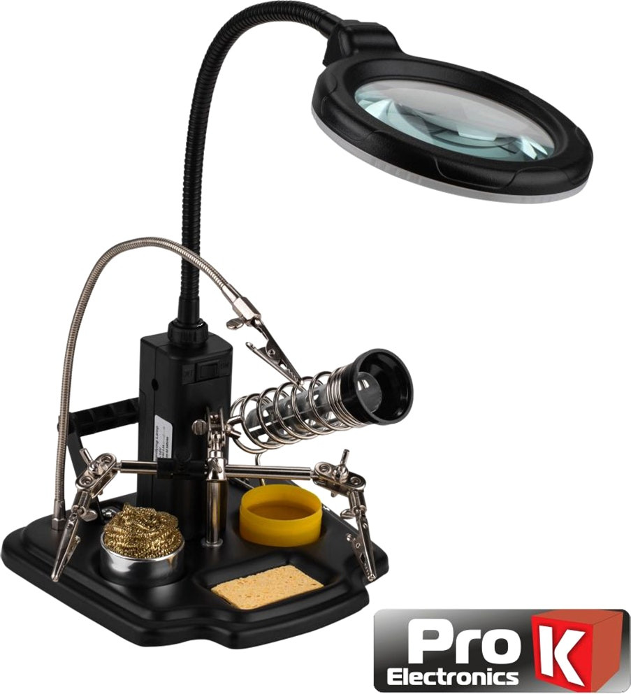 Articulated holder with magnifier and crocodile clips 16 LEDs 90 mm lens