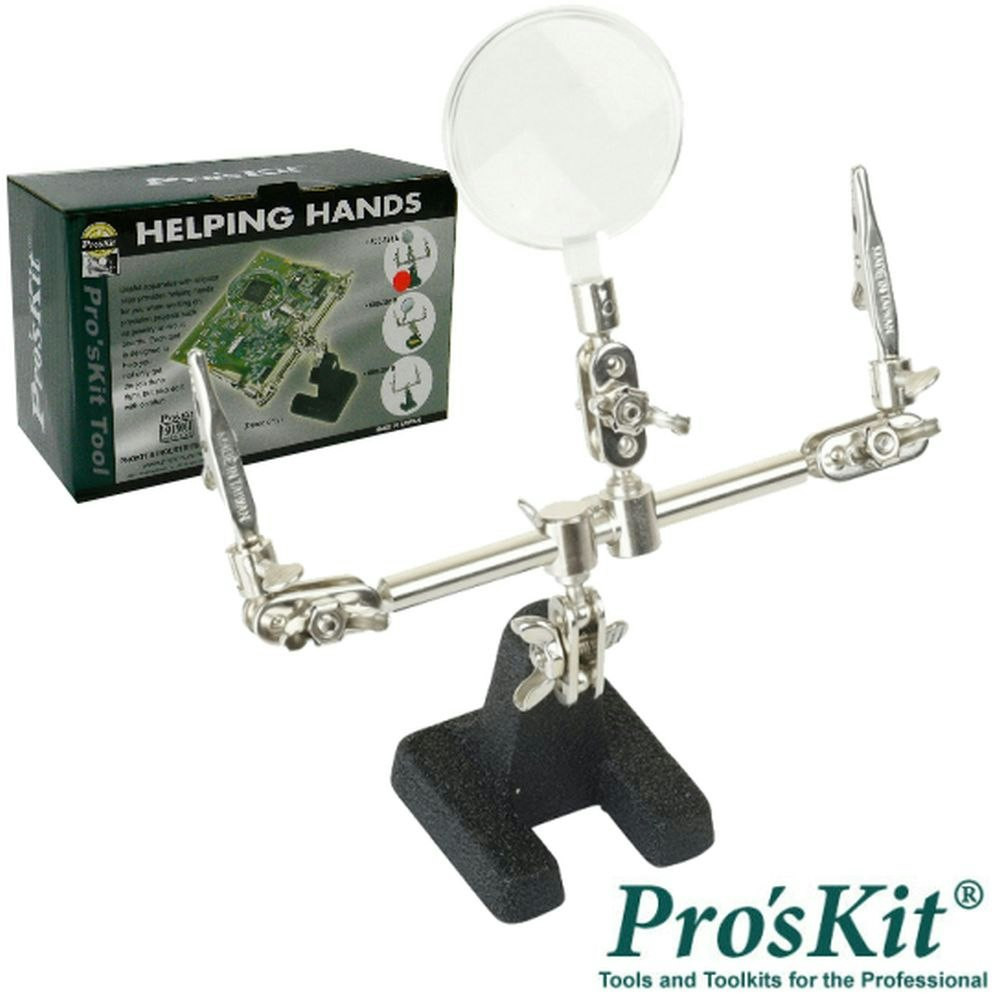 Articulated holder with magnifying glass and alligator clips for circuit boards