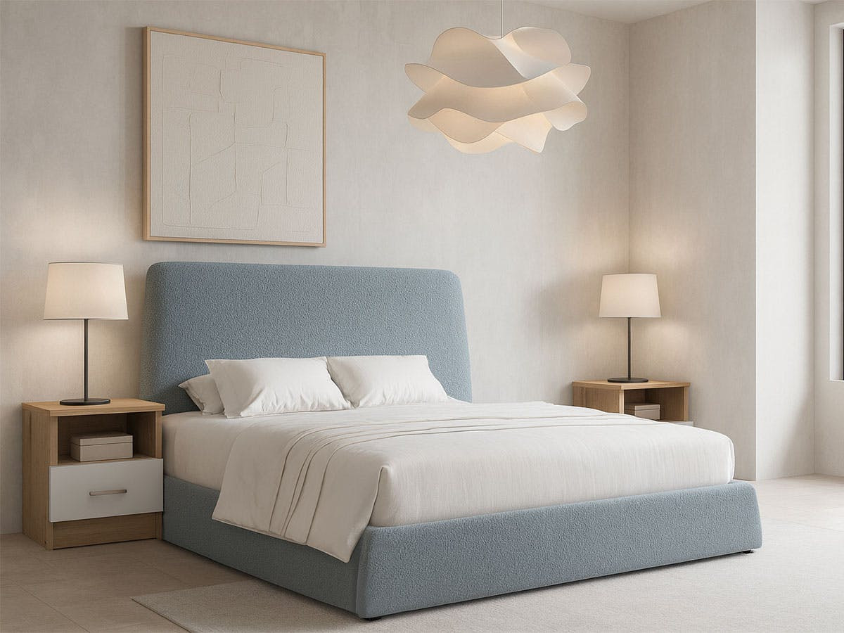 Cama doble Teddy tapizada en tejido gris