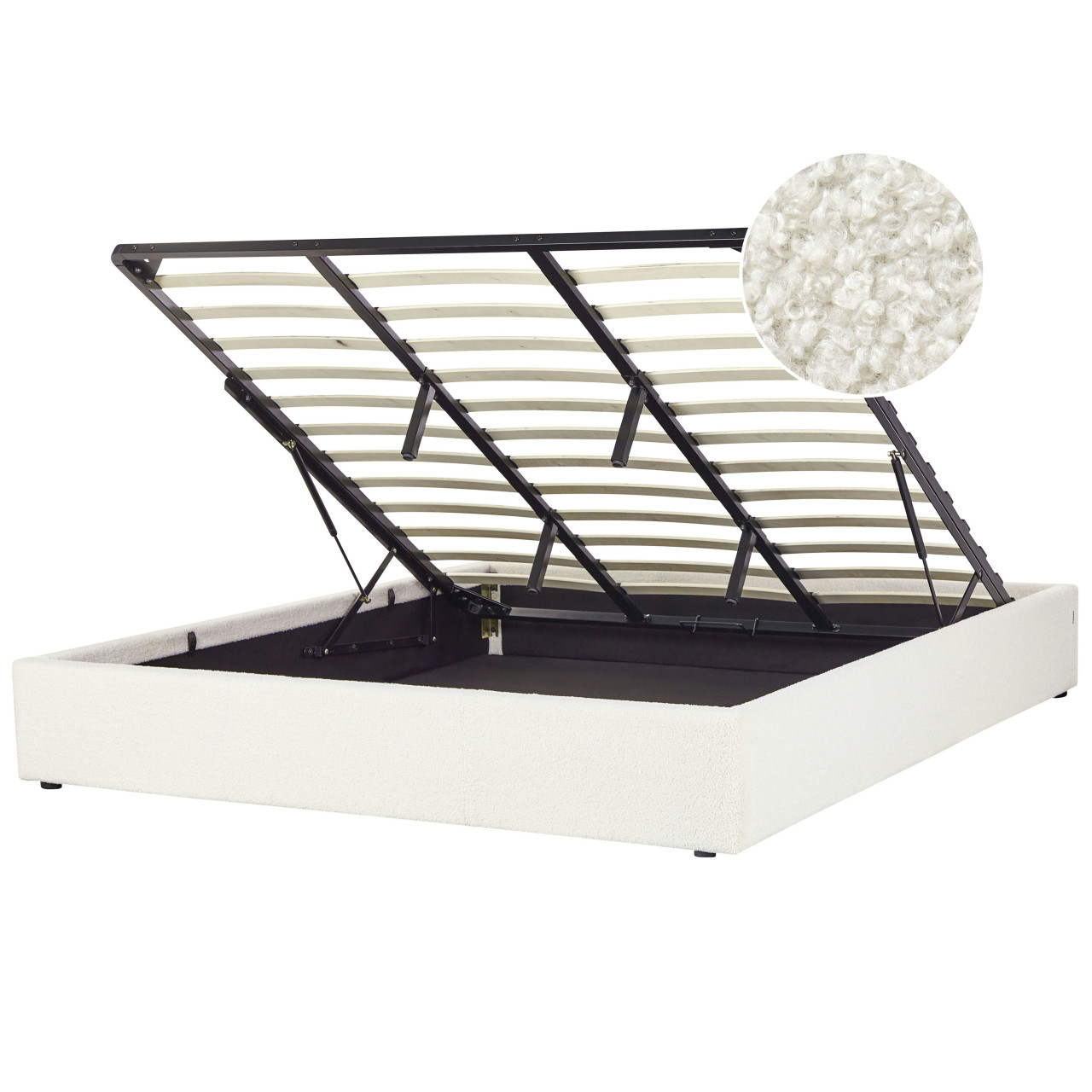 Cama de matrimonio Dinan en bouclé blanco con almacenaje