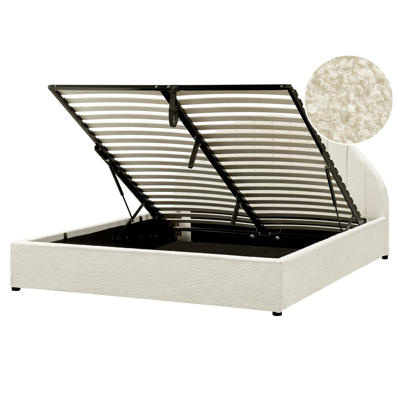 Minimal double bed Chadenet bouclé white with lift-up storage