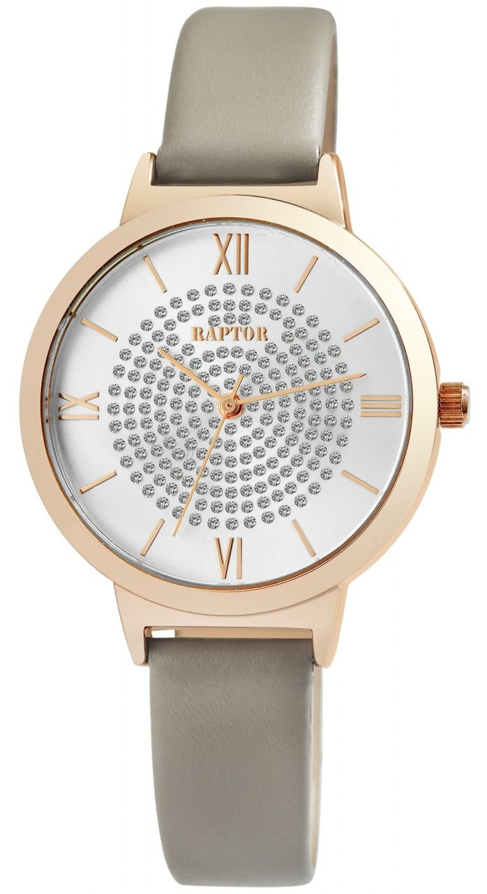Reloj analógico 36 mm acero con correa de cuero genuino y esfera con piedras simuladas