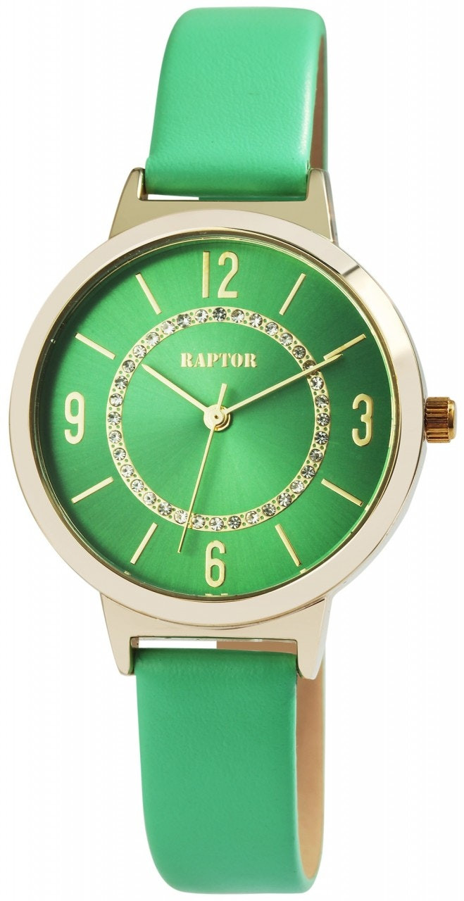 Analog watch with leather strap and crystal dial
