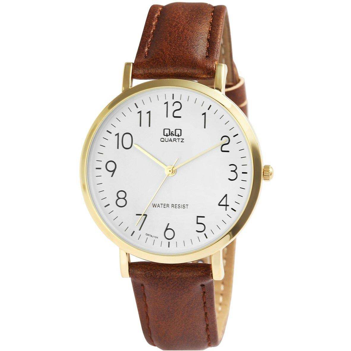 Reloj masculino cuarzo correa cuero sintético marrón detalles dorados