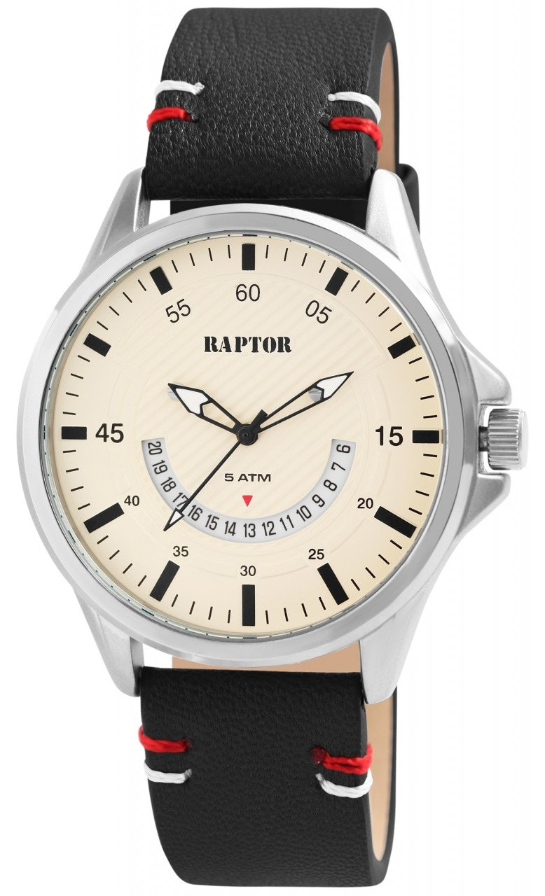 Analog metal watch with genuine leather strap