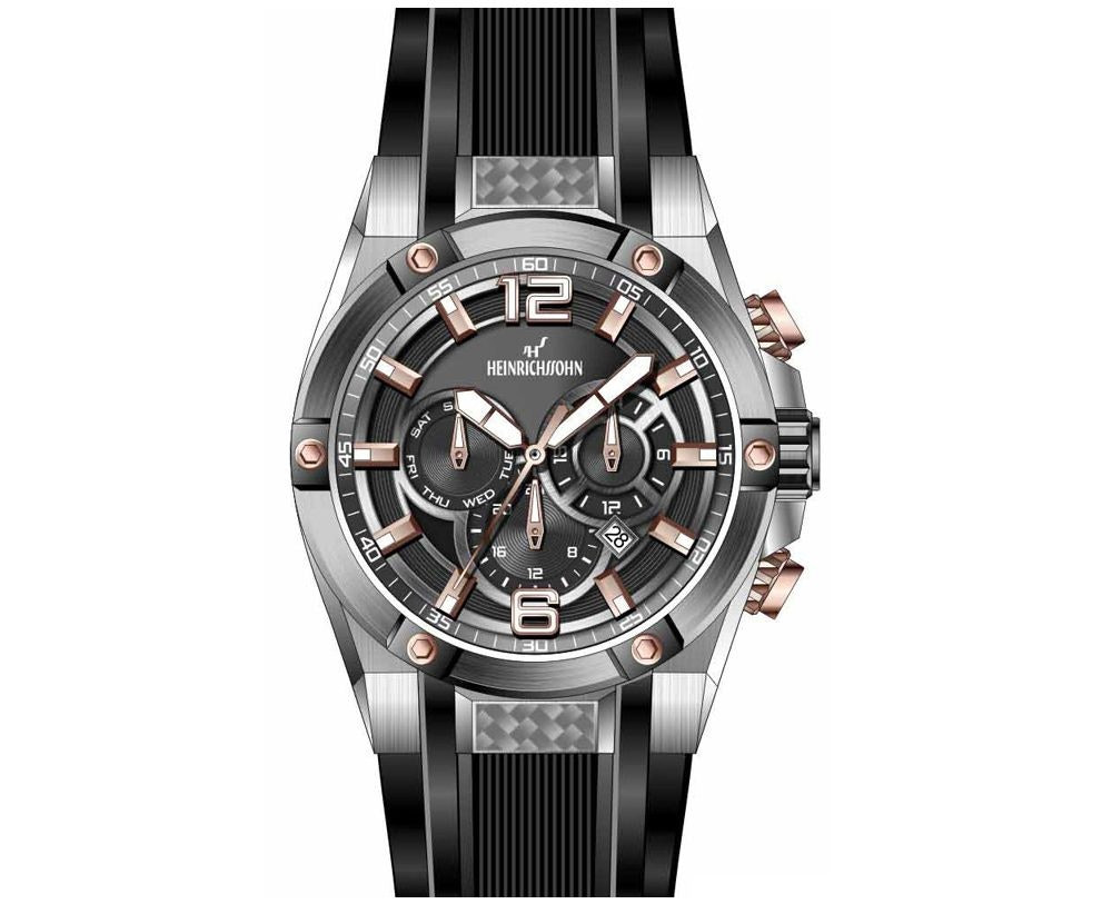 Analogue stainless steel watch with black silicone strap