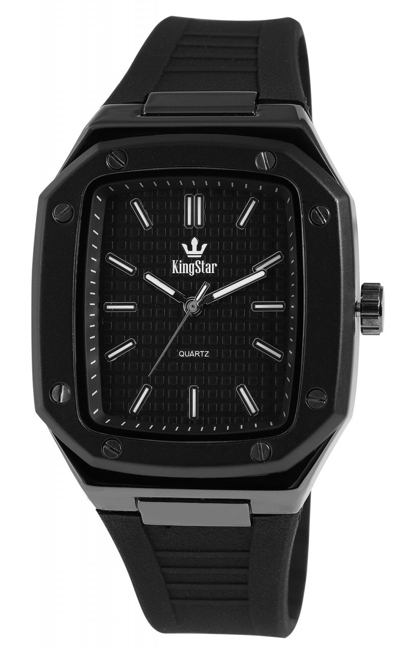 Rectangular metal case watch with silicone strap