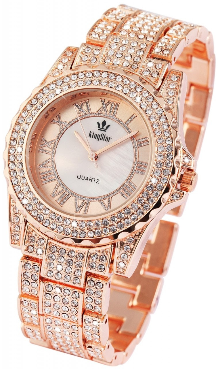 Women's metal watch with crystal bezel and stainless steel bracelet