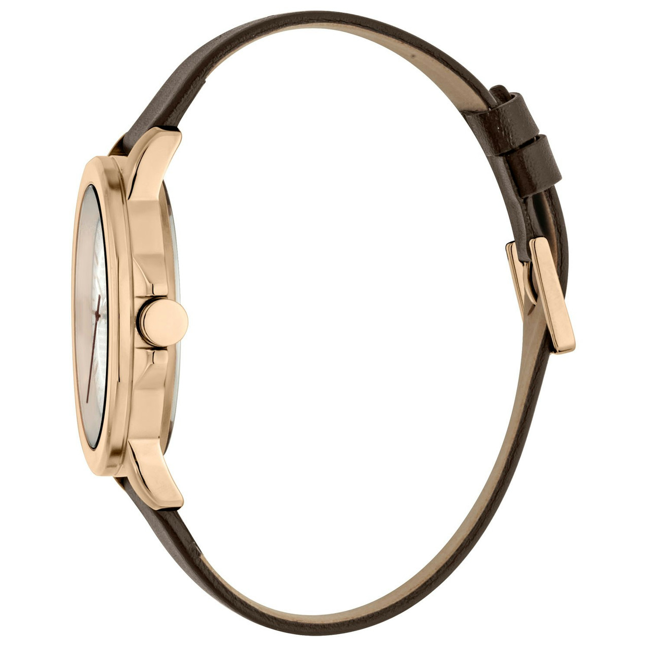 Analog stainless steel watch with bronze case and grey leather strap