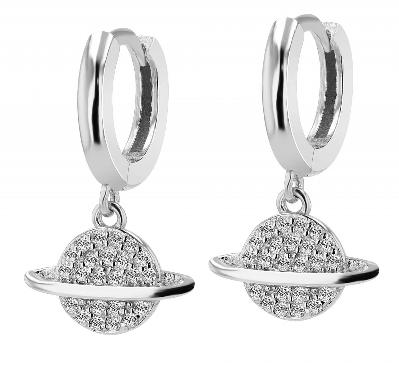 Pendientes de aro en plata 925 con colgante planeta y circonitas, bañados en rodio