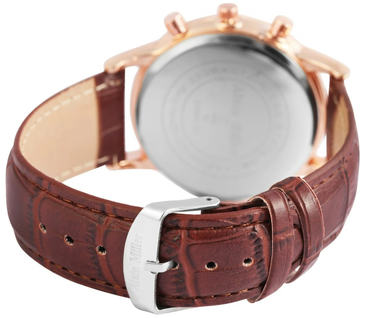 Analogue 3-hand watch with gold metal case and embossed synthetic strap