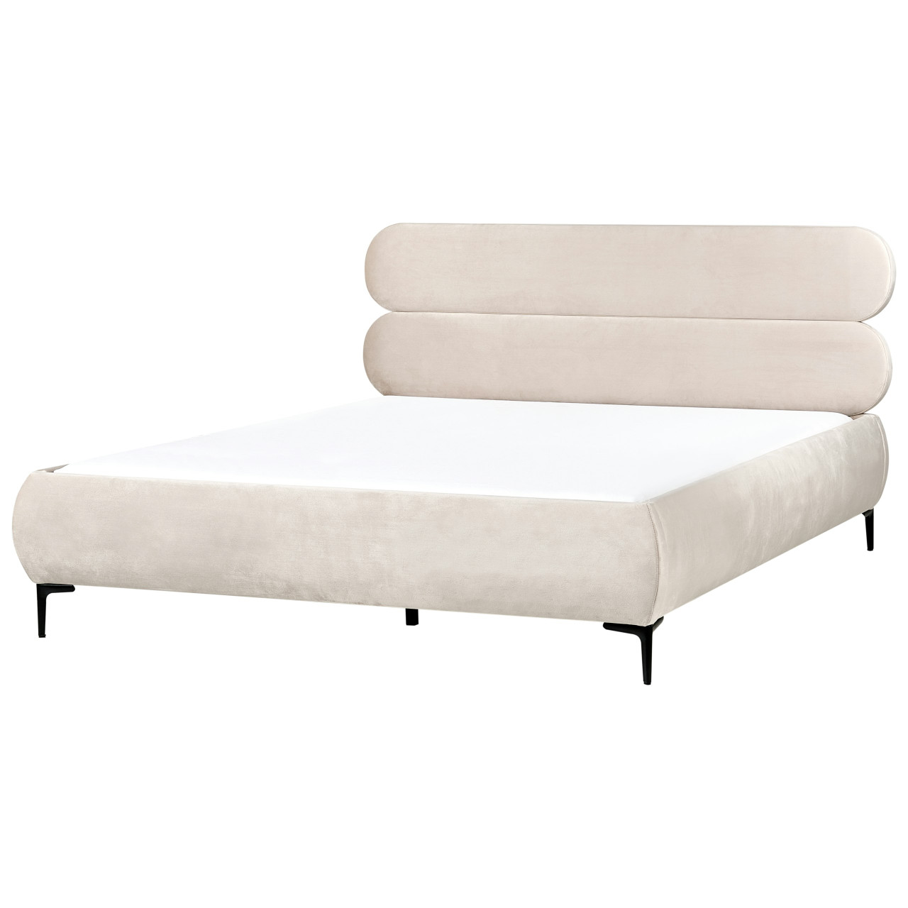 Cama Lessay de terciopelo beige con cabezal alto y somier