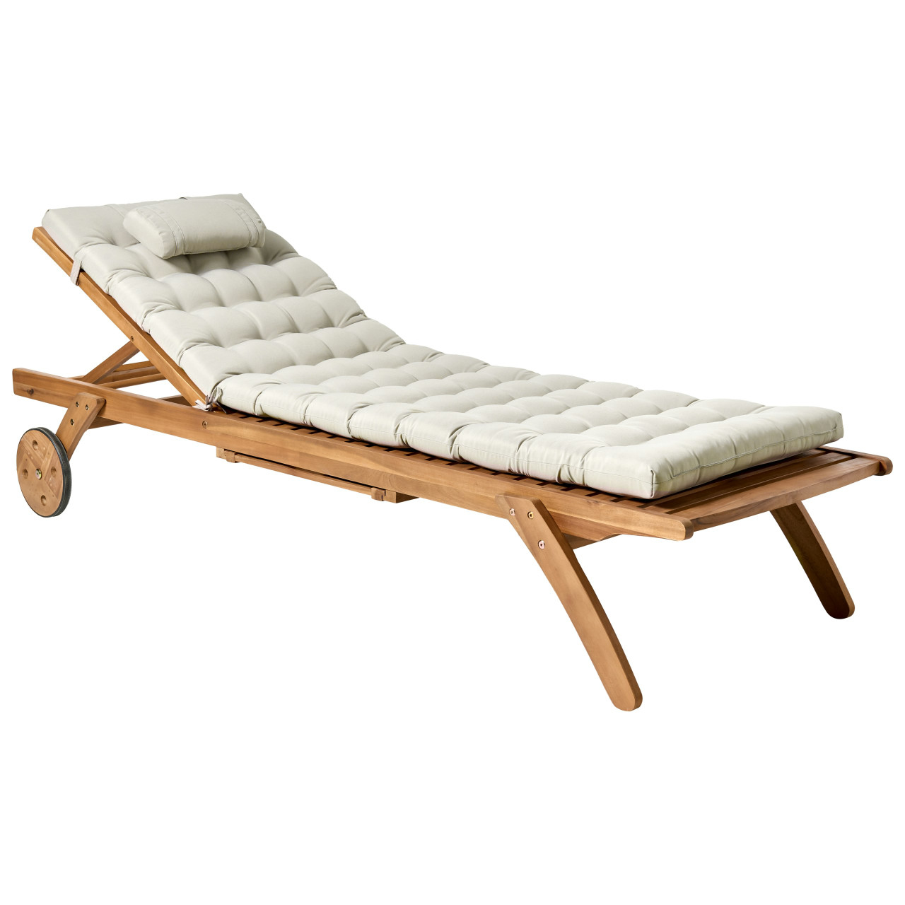 Tumbona reclinable Cesana en madera de acacia con ruedas y cojín