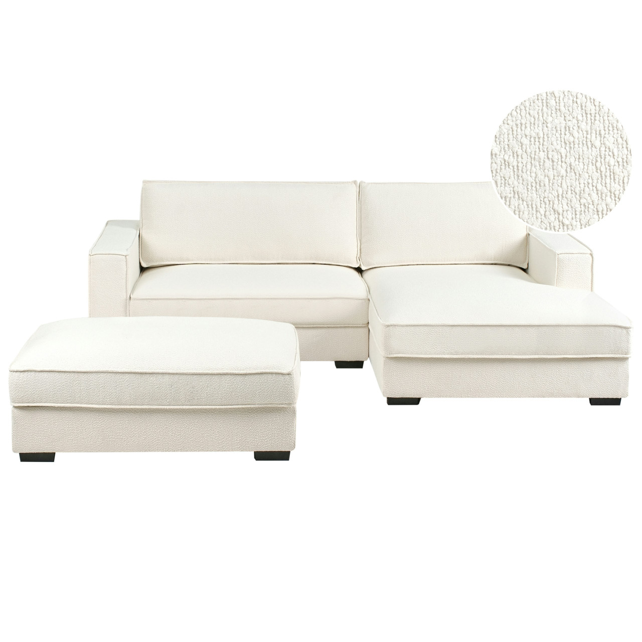 Sofá esquinero con otomana bouclé beige