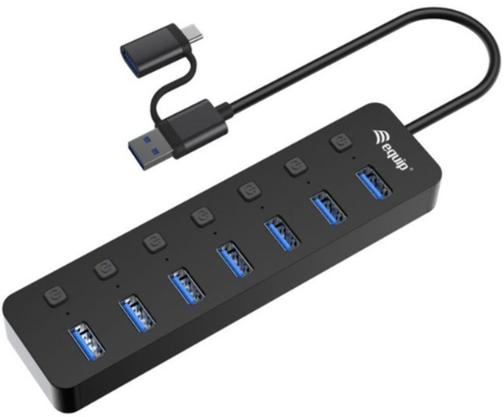 USB Hub 7-port USB-A 3.2 Gen 1 with USB-C adapter and LED switch
