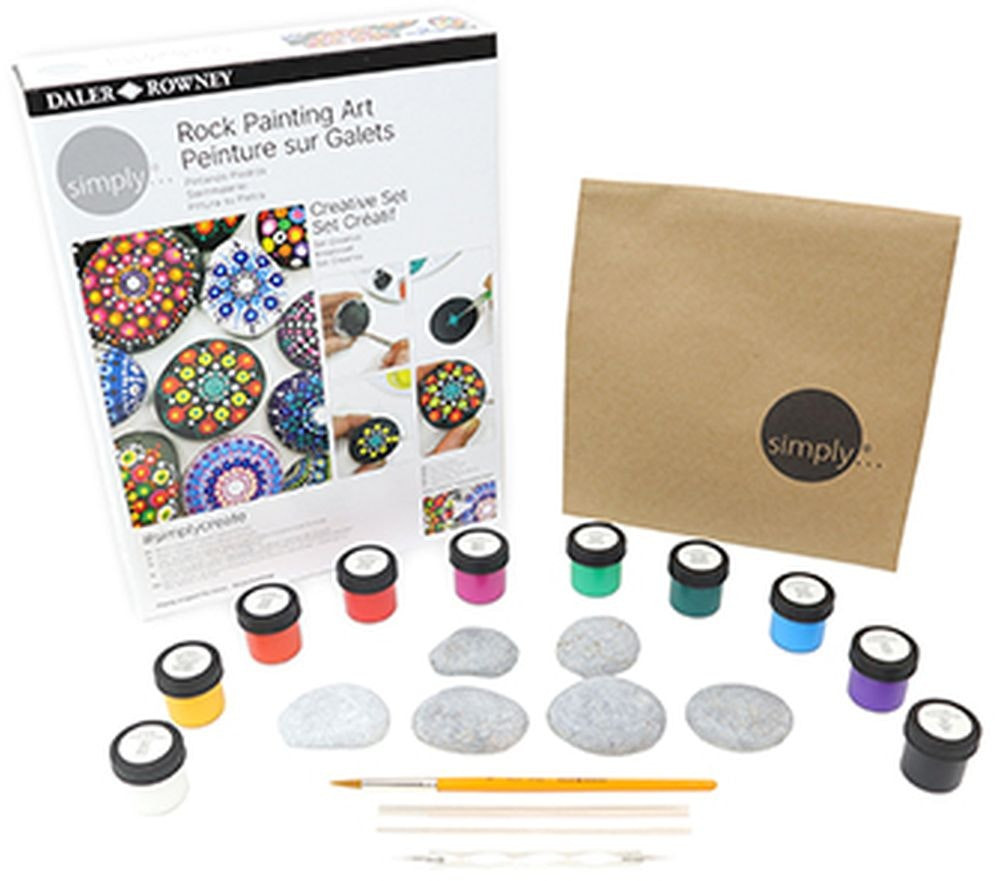 Simply Set Creative Rock Painting Kit - 6 stones, brush, 3 dotting tools, 10 acrylic paint tubes