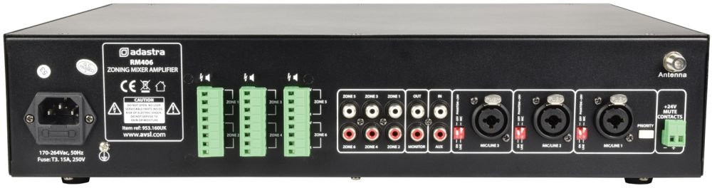 Amplificador 100V RM406 6x40W USB SD FM Bluetooth