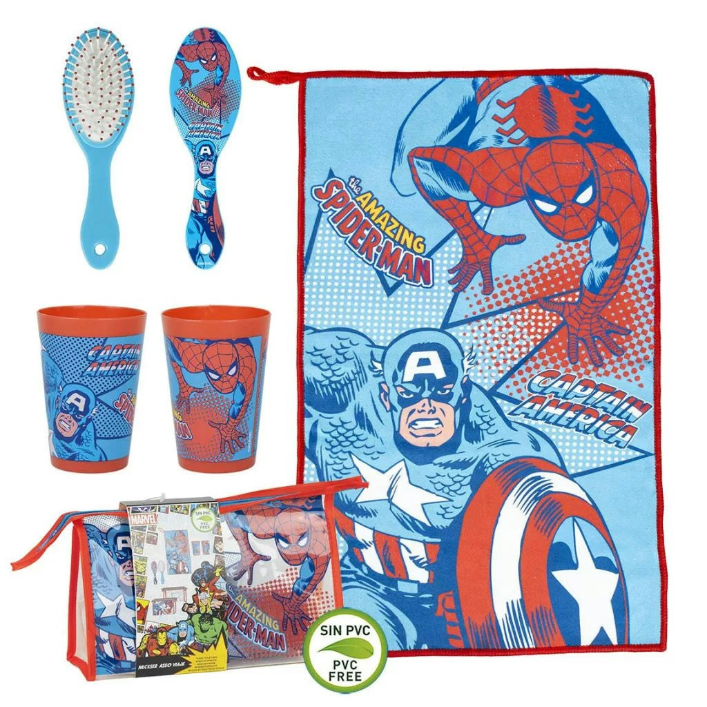 Set de higiene Avengers - bolsa transparente reutilizable, toalla, vaso y cepillo