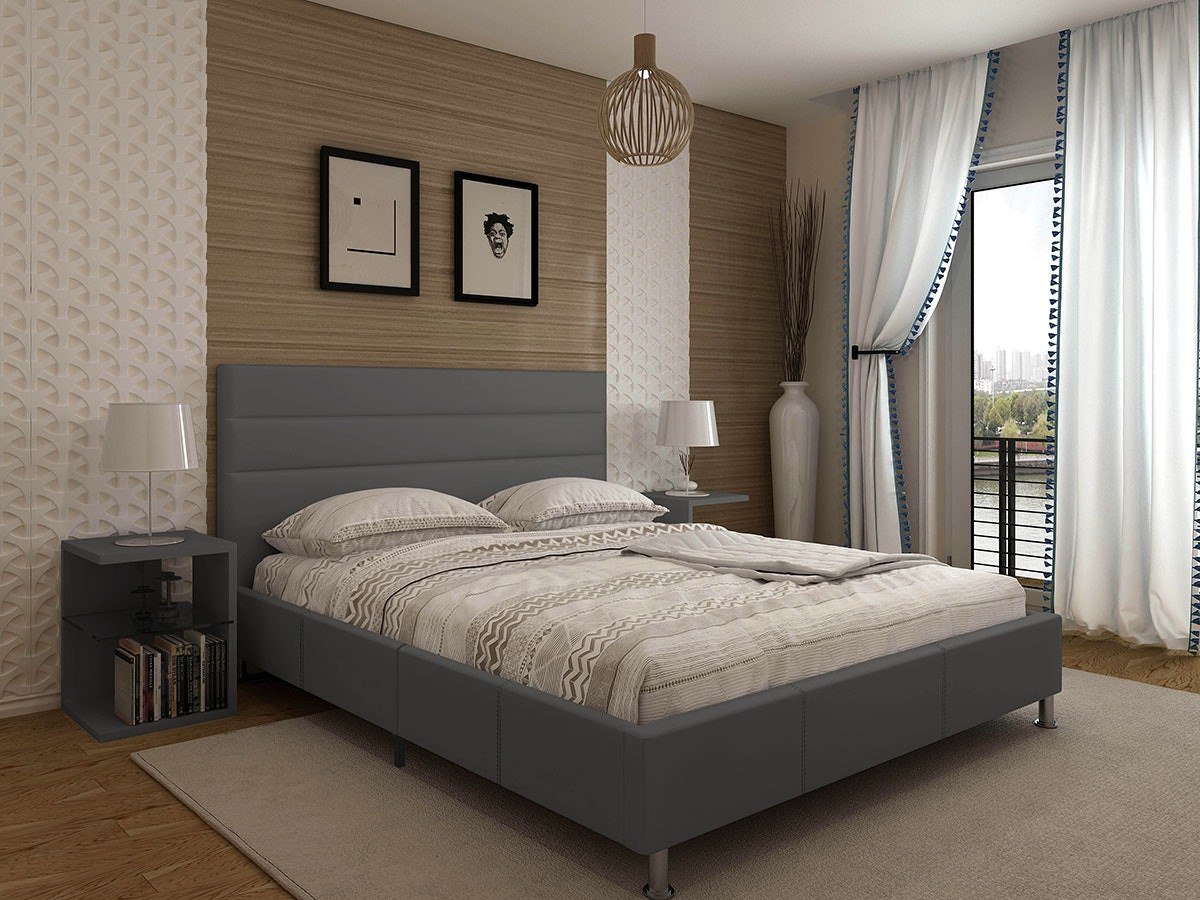 Star double bed upholstered in synthetic leather with chrome legs