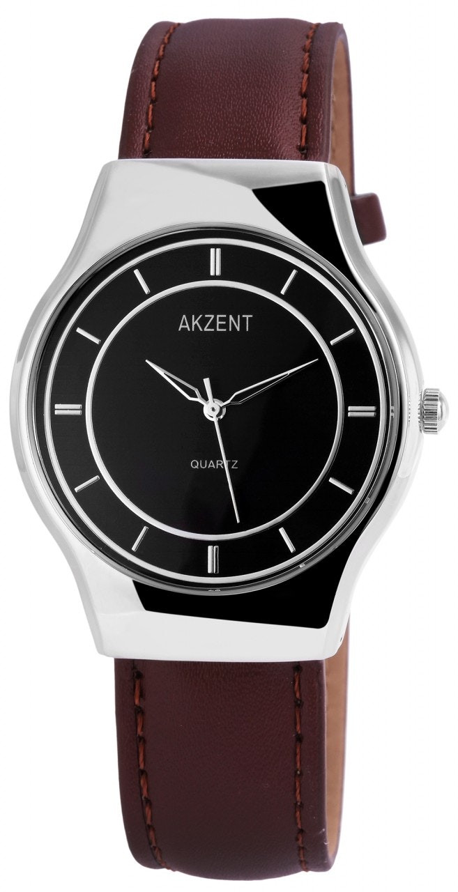 Analog metal watch with synthetic leather strap
