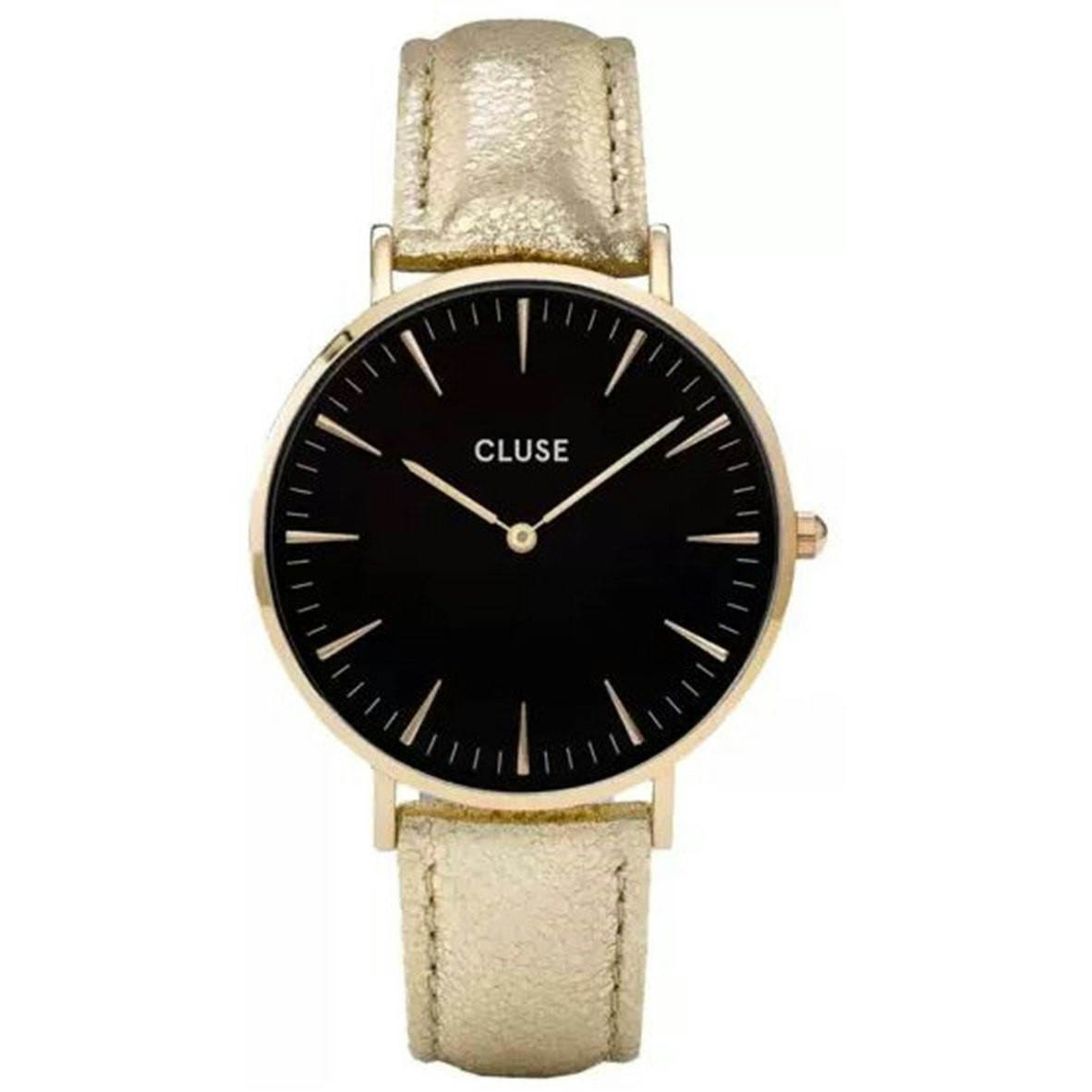 Analog stainless steel gold watch with black dial