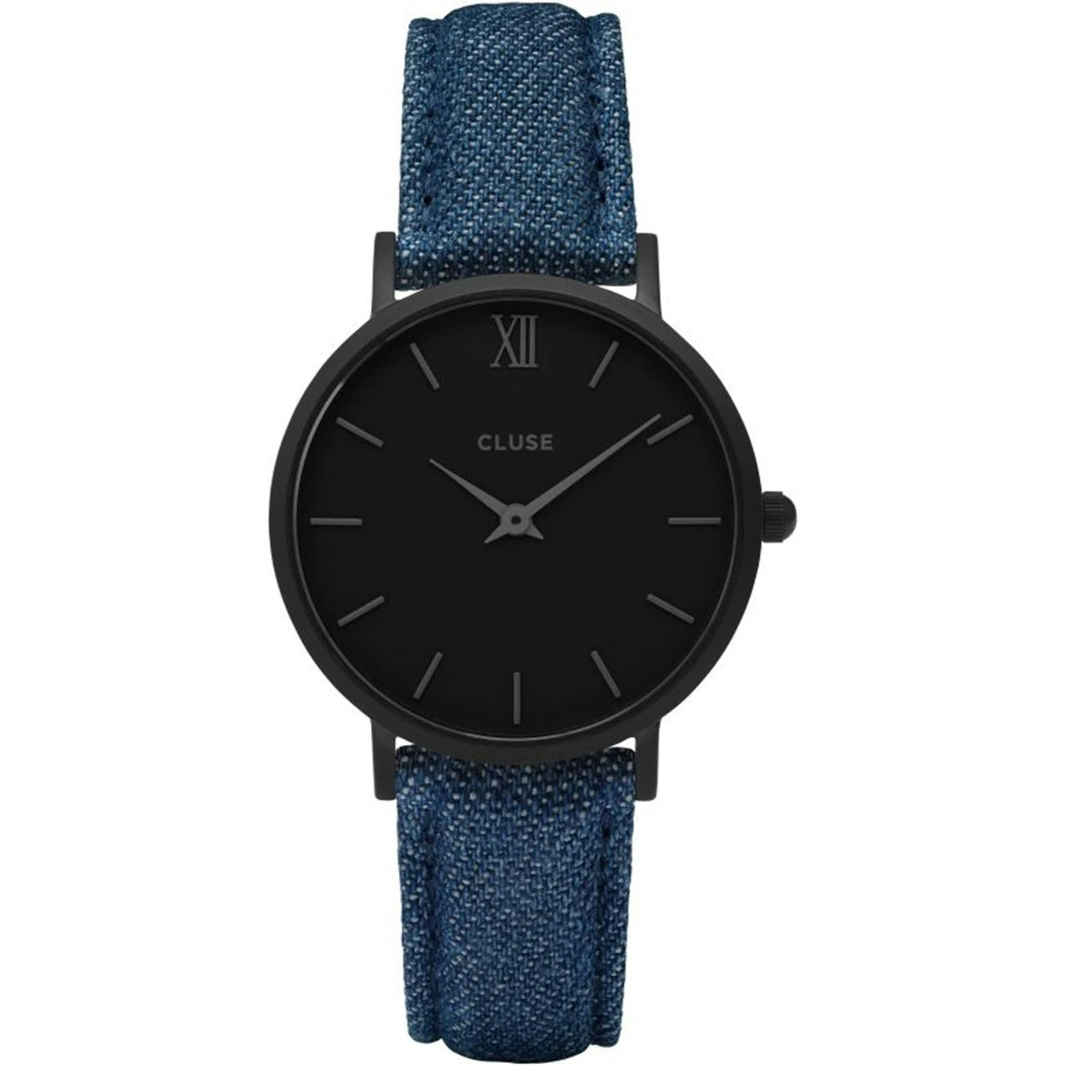 Reloj analógico femenino con esfera negra y correa vaquera azul