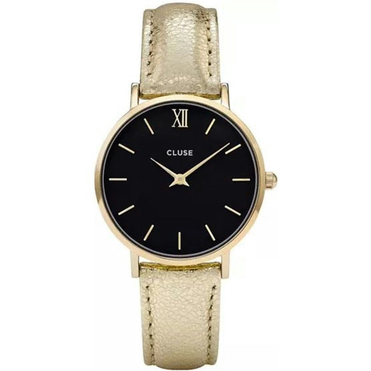 Reloj analógico en acero dorado con esfera negra y correa de piel