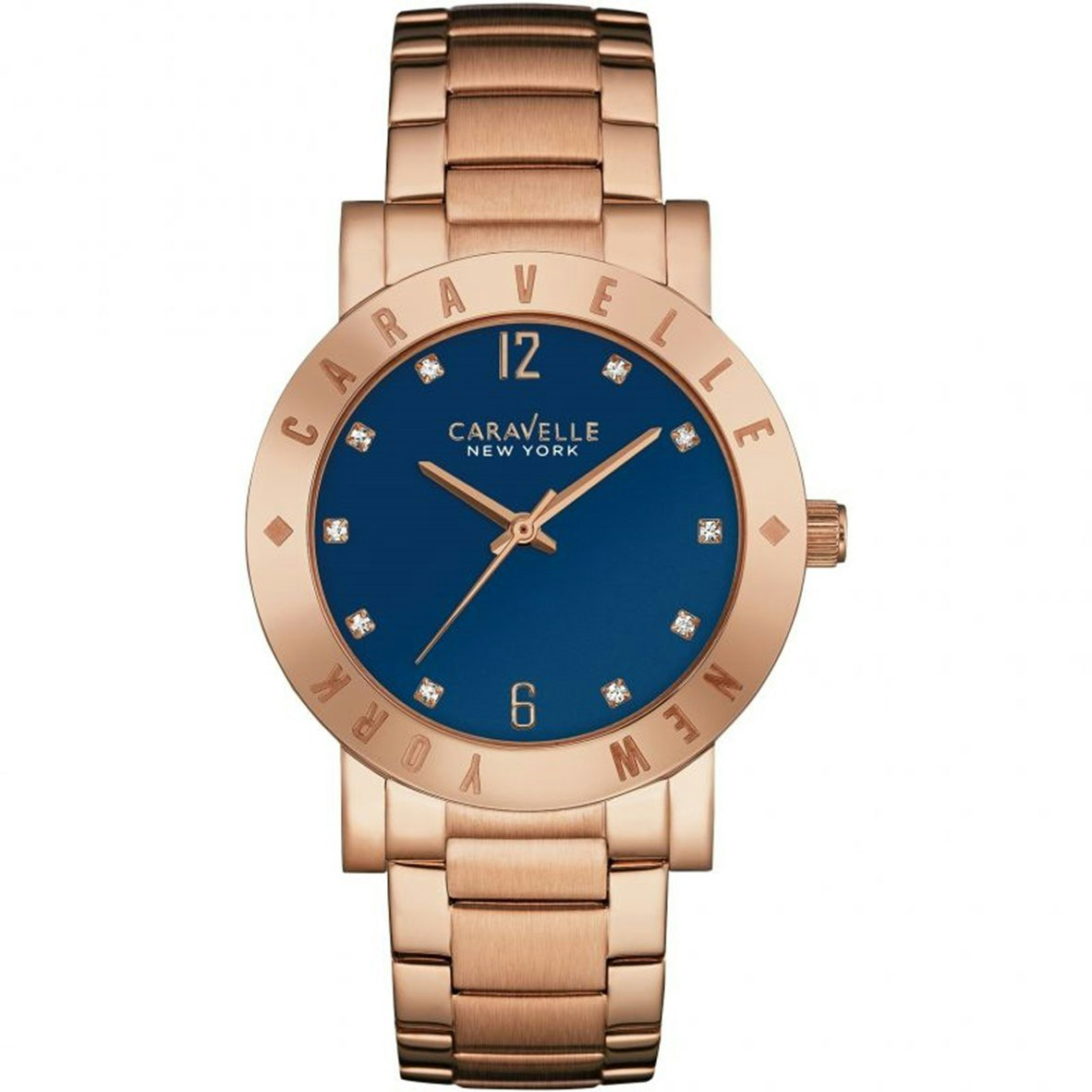 Reloj analógico en acero inoxidable con esfera azul y pulsera chapada en oro rosa