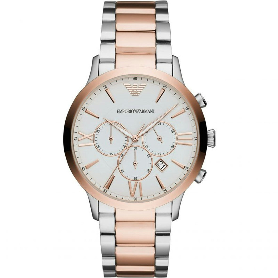 Analog stainless steel watch with white dial and rose gold details