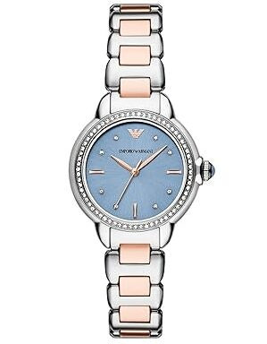 Reloj analógico acero inoxidable esfera azul detalles oro rosa