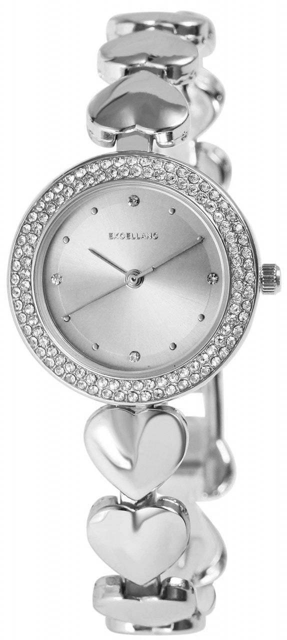 Metal link watch with heart motifs and rhodium stones