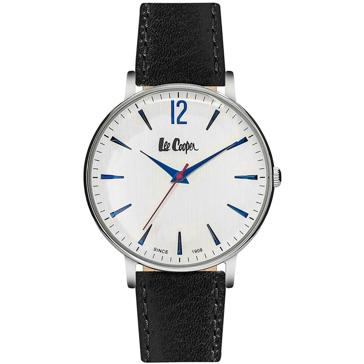 Reloj de pulsera de acero con esfera negra y correa de cuero