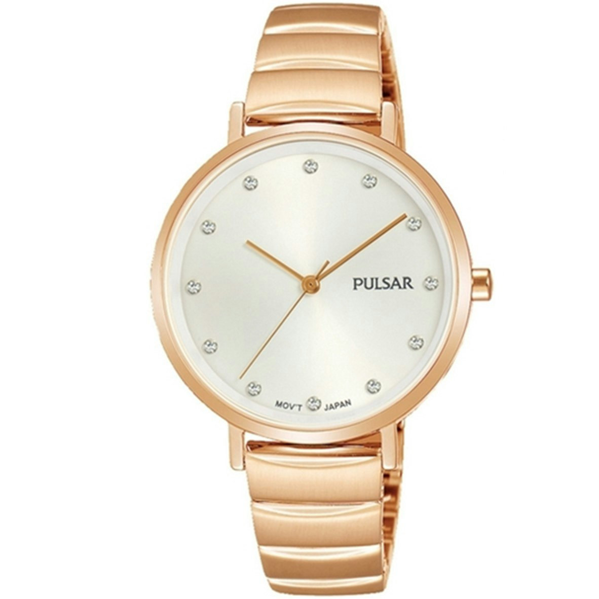 Reloj analógico en acero inoxidable con esfera plateada y pulsera rosé gold