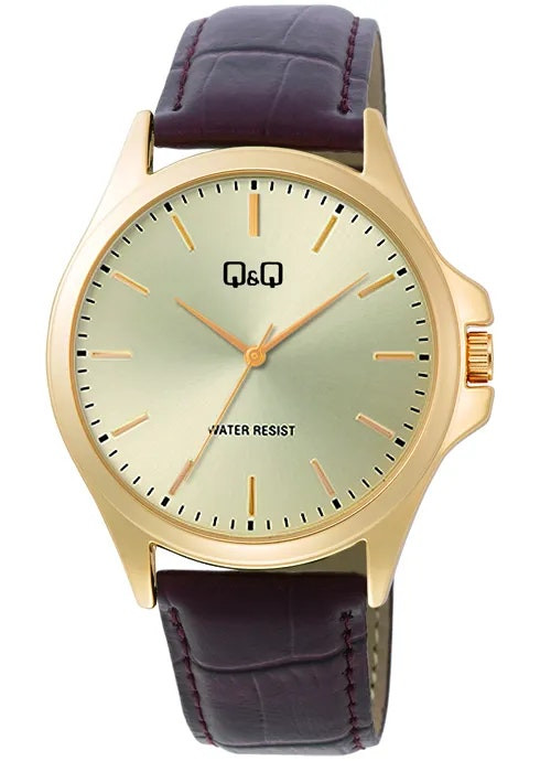 Men's round gold-tone metal watch with brown leather strap