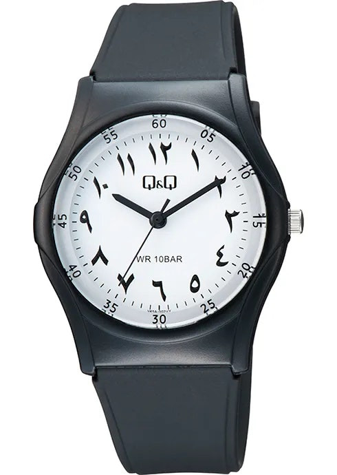 Round resin watch with white dial and black strap