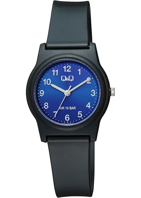 Reloj redondo de resina con esfera azul y correa negra