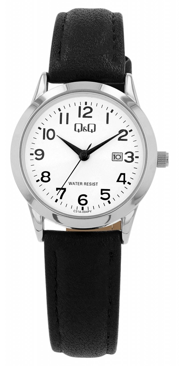 Analog women's watch with metal case and leather strap