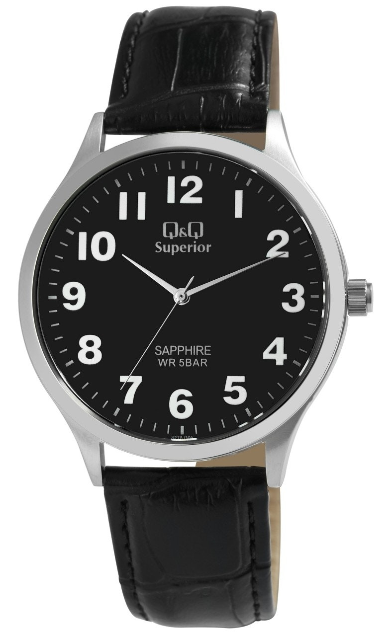 Reloj analógico con caja de acero y correa de cuero negro