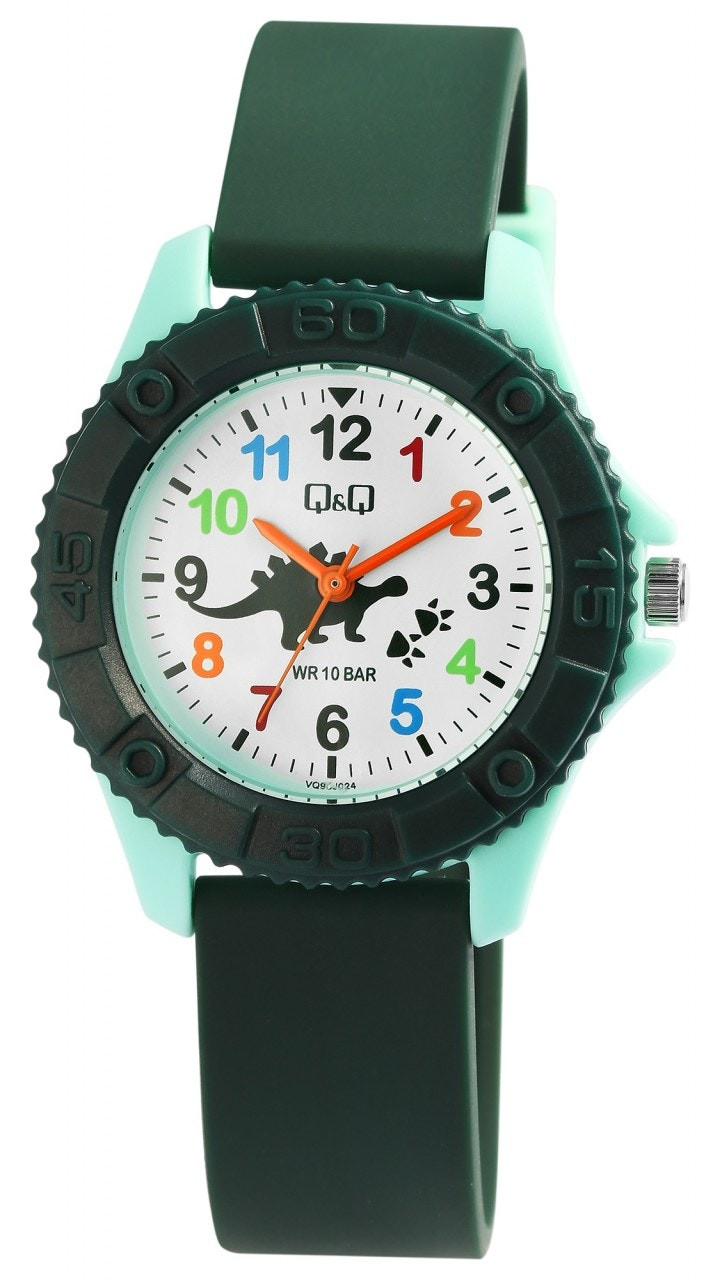 Children's analog watch with dinosaur dial and silicone strap