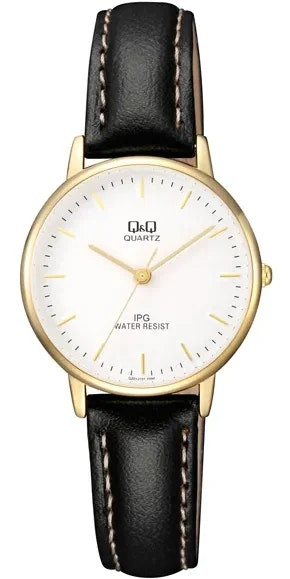 Women's analog round metal watch with leather strap and white dial